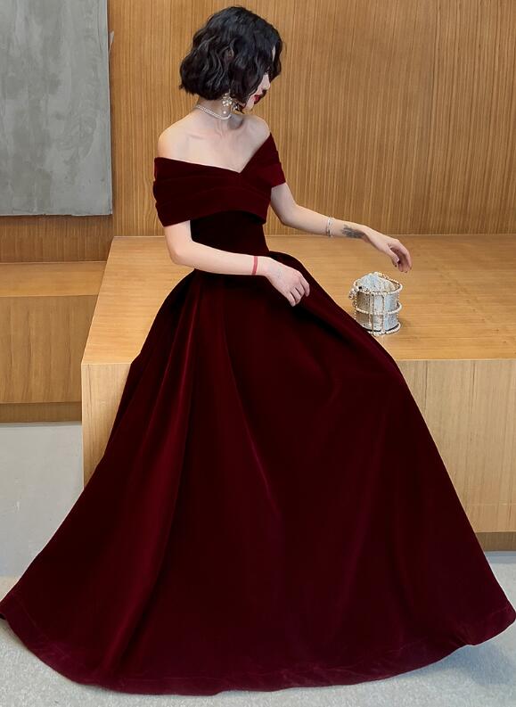 Charming Wine Red Velvet Off Shoulder Long Party Dress