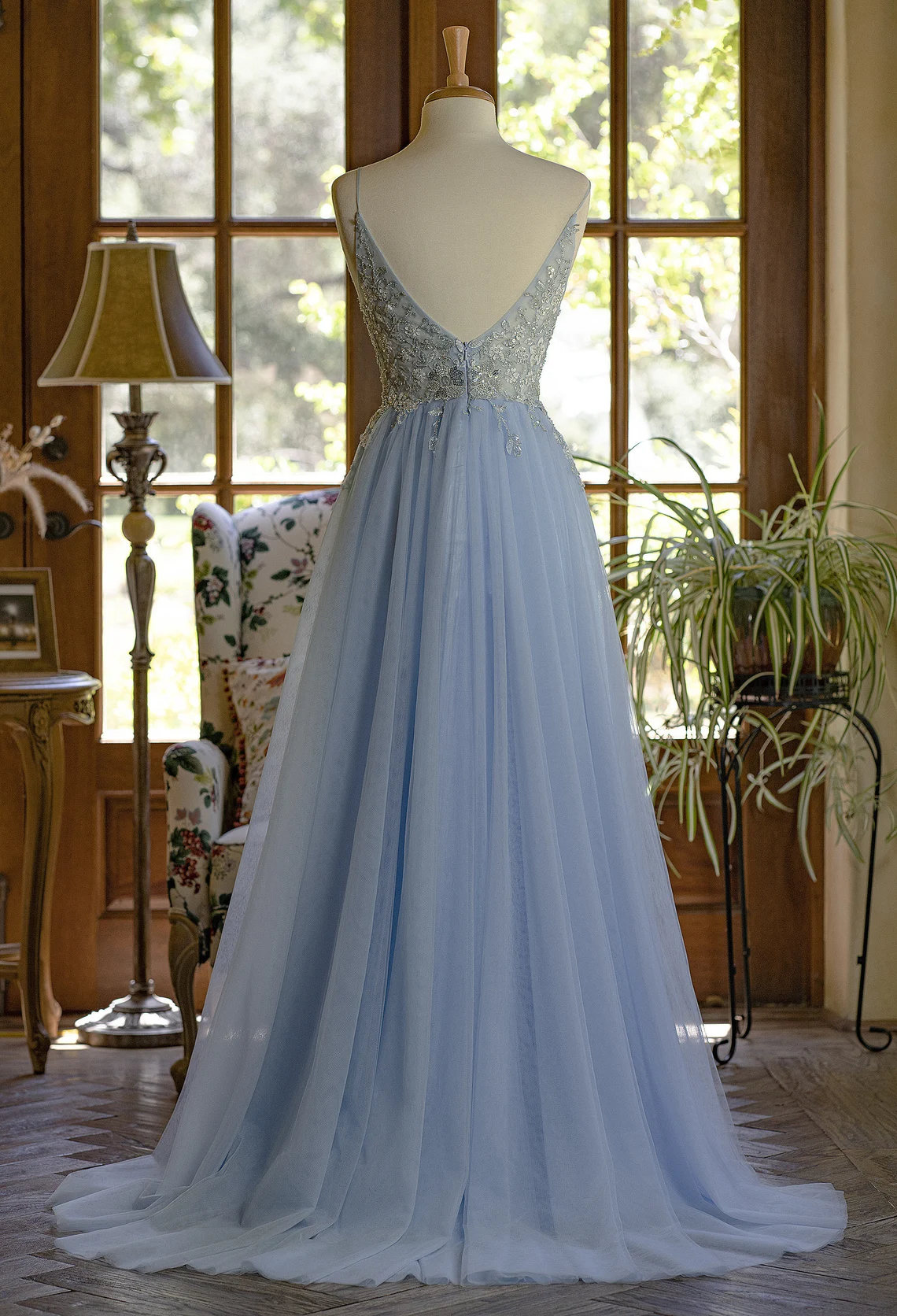Light Blue Tulle V-neckline Straps with Lace Long Party Dress