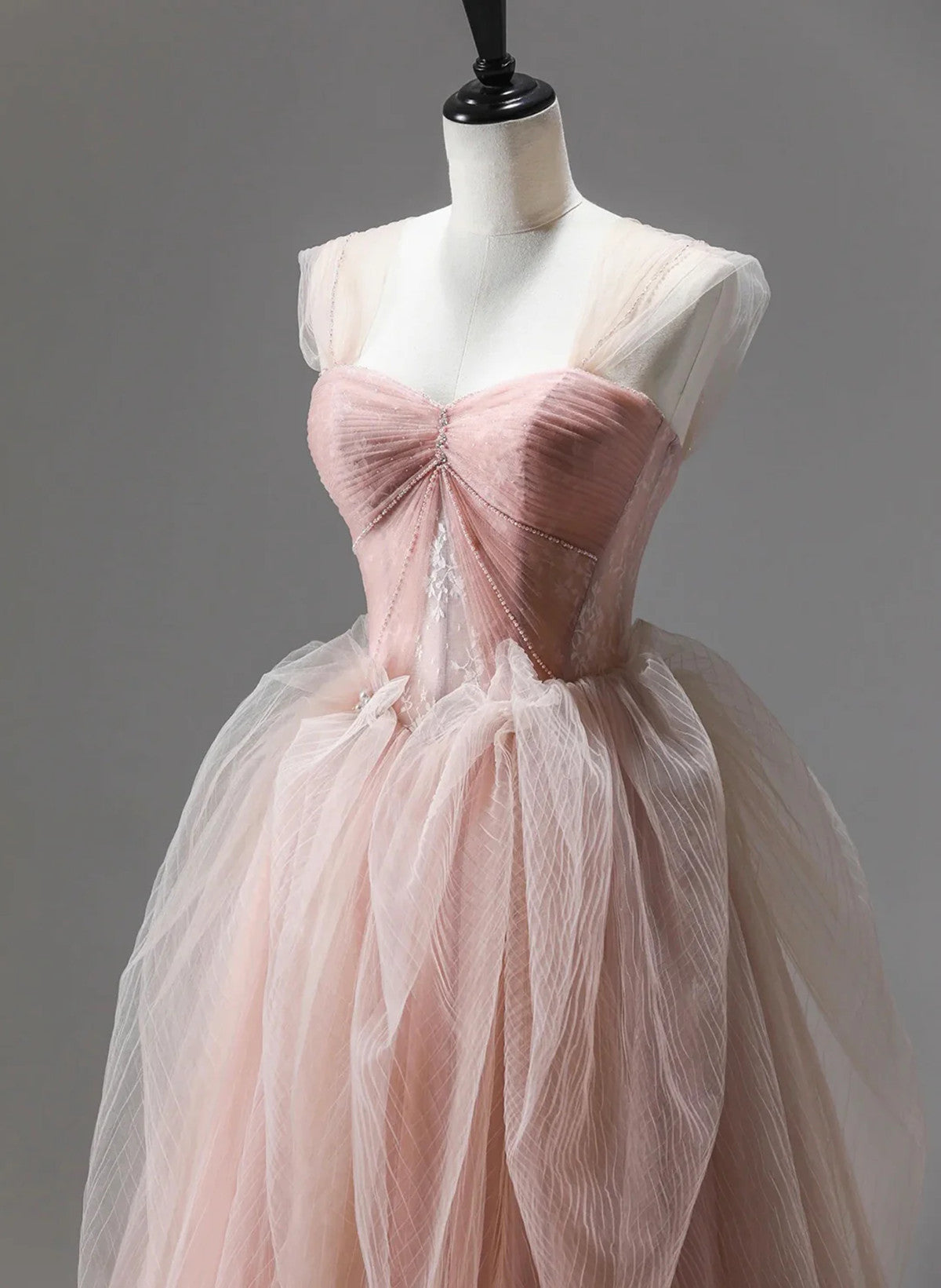 Vestido de fiesta largo de tul rosa con cuentas y vestido de graduación 