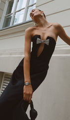 Showstopper Black Strapless Maxi Dress with Dazzling Crystal Bow & Plunge Cutout