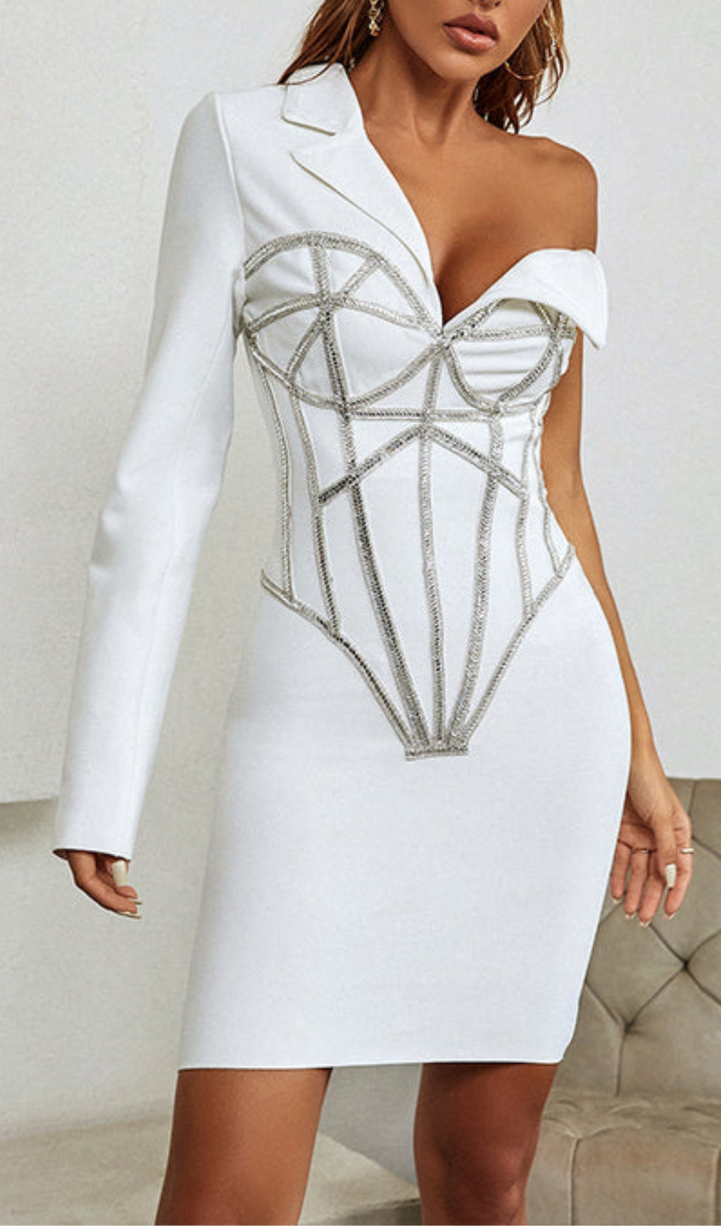 Adine Adorns Dazzling White Asymmetrical Blazer Mini Dress with Rhinestone Corset Detail