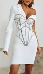 Adine Adorns Dazzling White Asymmetrical Blazer Mini Dress with Rhinestone Corset Detail