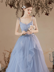 Light Blue Tulle with Lace Straps A-line Prom Dress