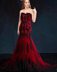 Wine Red Mermaid Long Party Dress with Black Lace