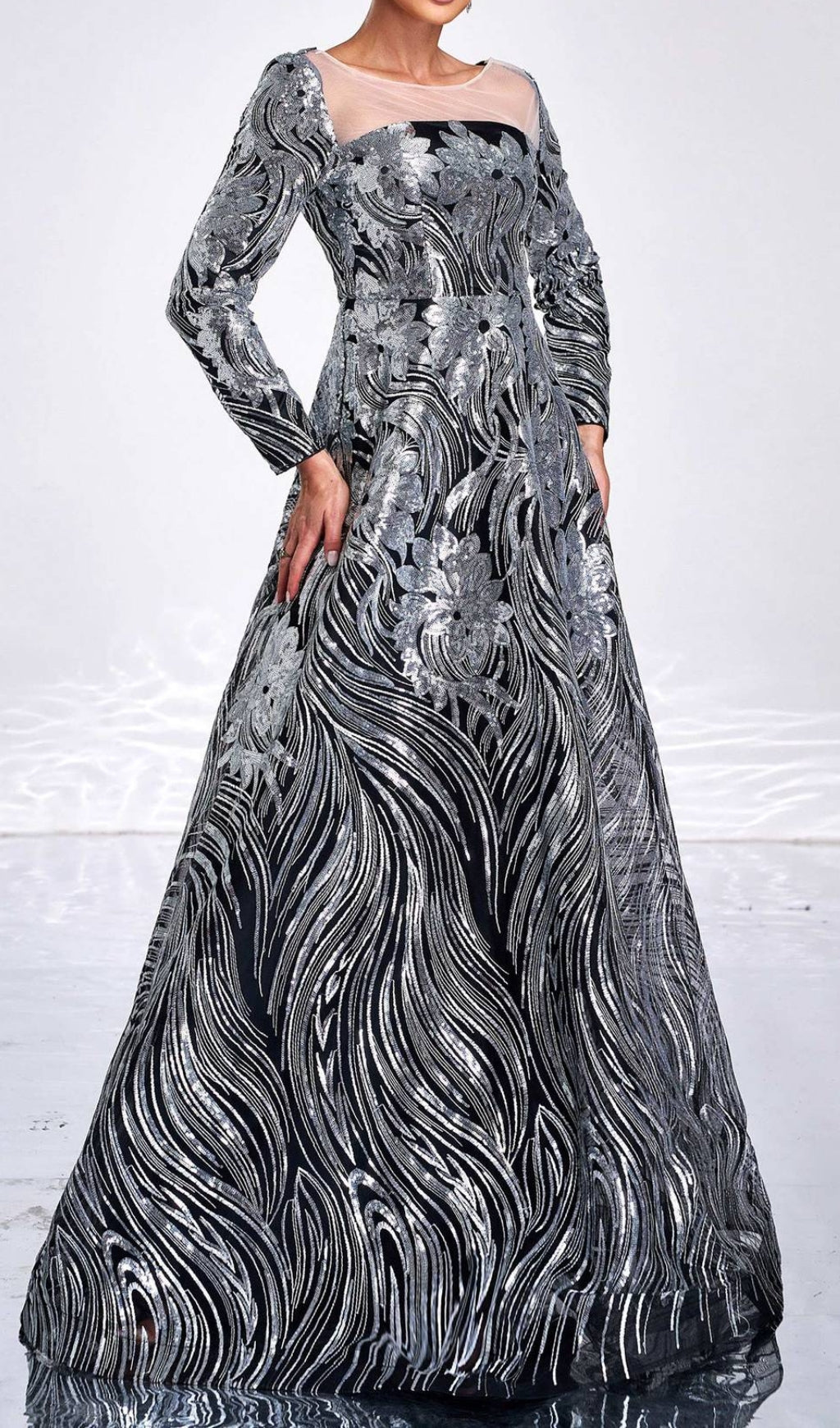 Charae Glamorous Silver Sequin Long Sleeve Maxi Gown