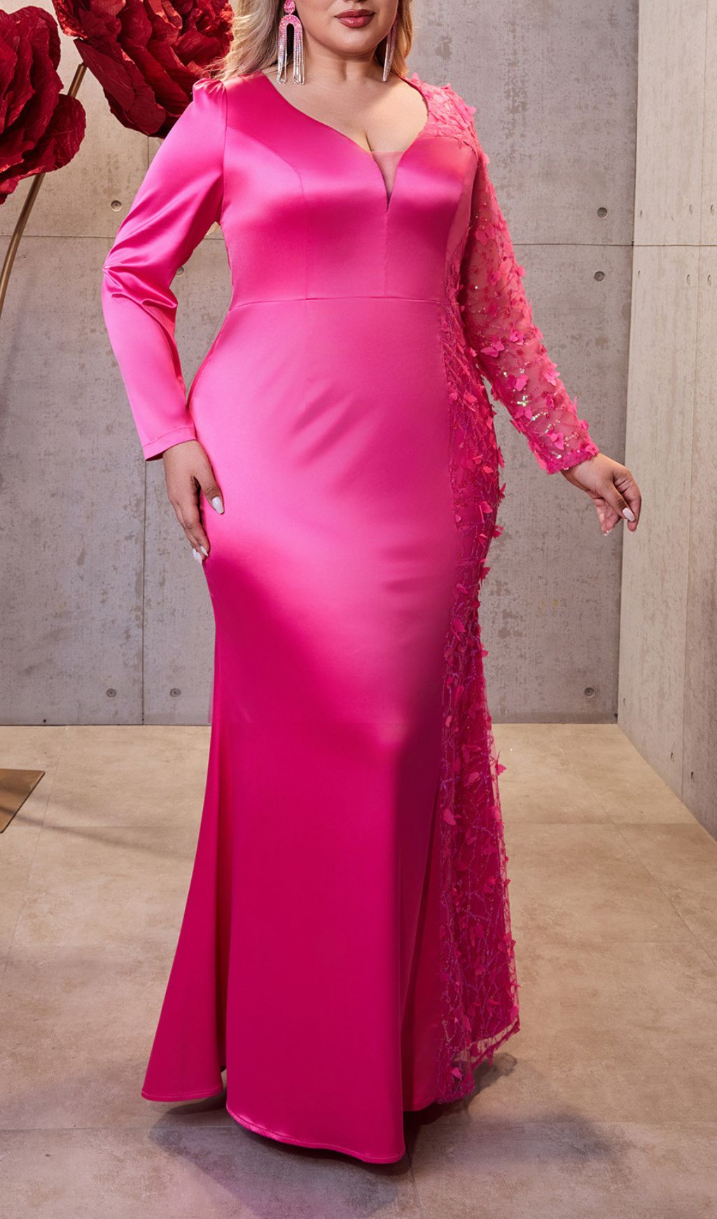 Idina Glamour Pink Plus Size Long Sleeve Sequin Maxi Dress