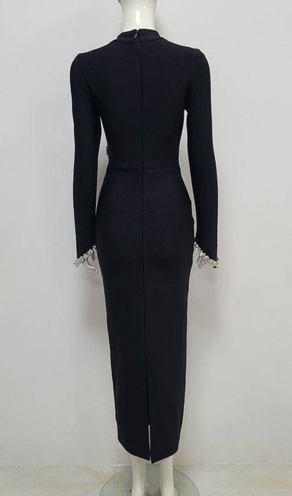 Bronagh Black Velvet Crystal Embellished Long Sleeve Midi Evening Dress