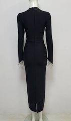 Bronagh Black Velvet Crystal Embellished Long Sleeve Midi Evening Dress