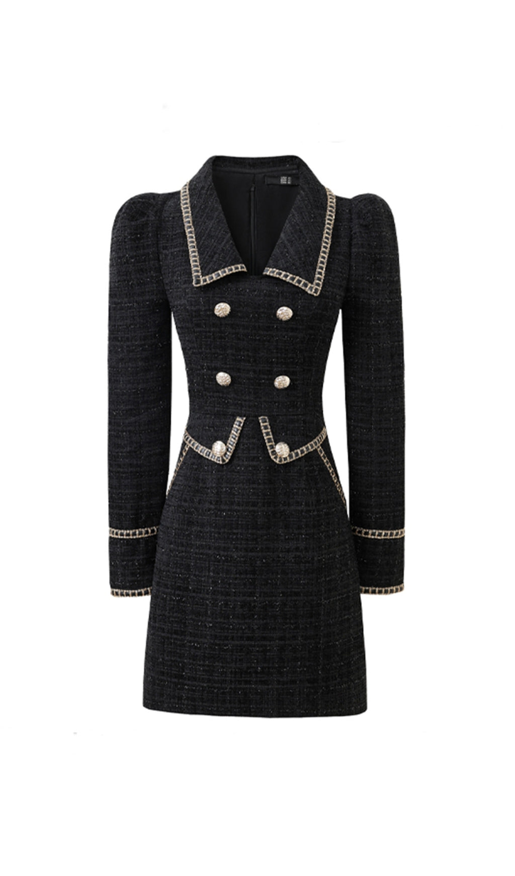 Campana Chic Black Tweed Mini Dress with Gold Chain & Button Accents