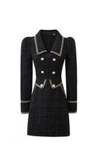 Campana Chic Black Tweed Mini Dress with Gold Chain & Button Accents