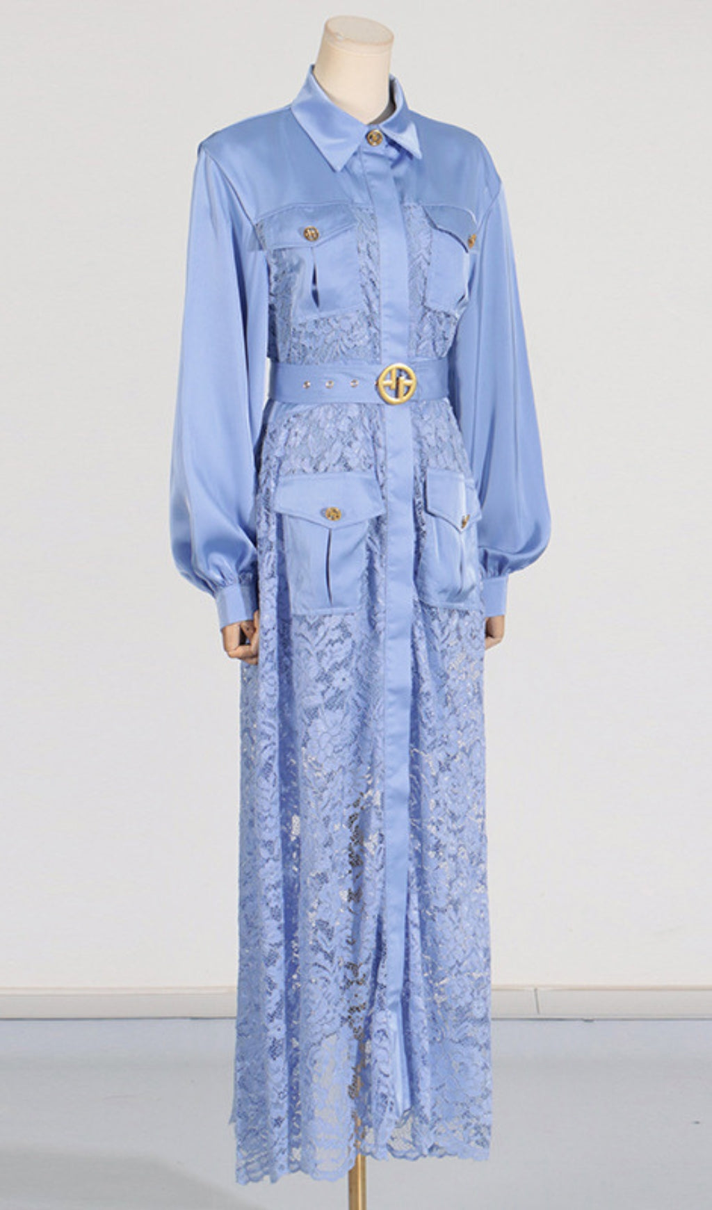Carissa Elegant Periwinkle Lace & Belted Long Sleeve Maxi Dress