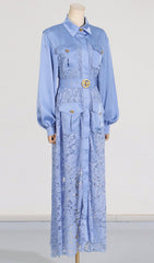 Carissa Elegant Periwinkle Lace & Belted Long Sleeve Maxi Dress