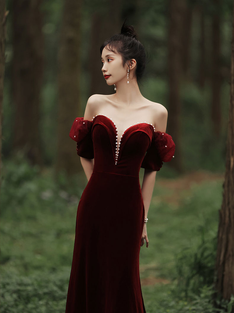 Wine Red Off Shoulder Velvet Mermaid Wedding Party Dress