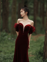 Wine Red Off Shoulder Velvet Mermaid Wedding Party Dress