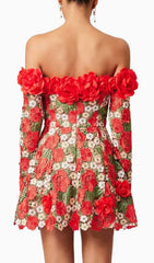 Ellasyn Enchanting Red Rose Embroidered Off-Shoulder Long Sleeve Mini Dress