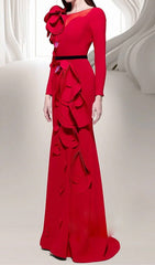 Dilan Red Floral Embellished Long Sleeve Maxi Gown