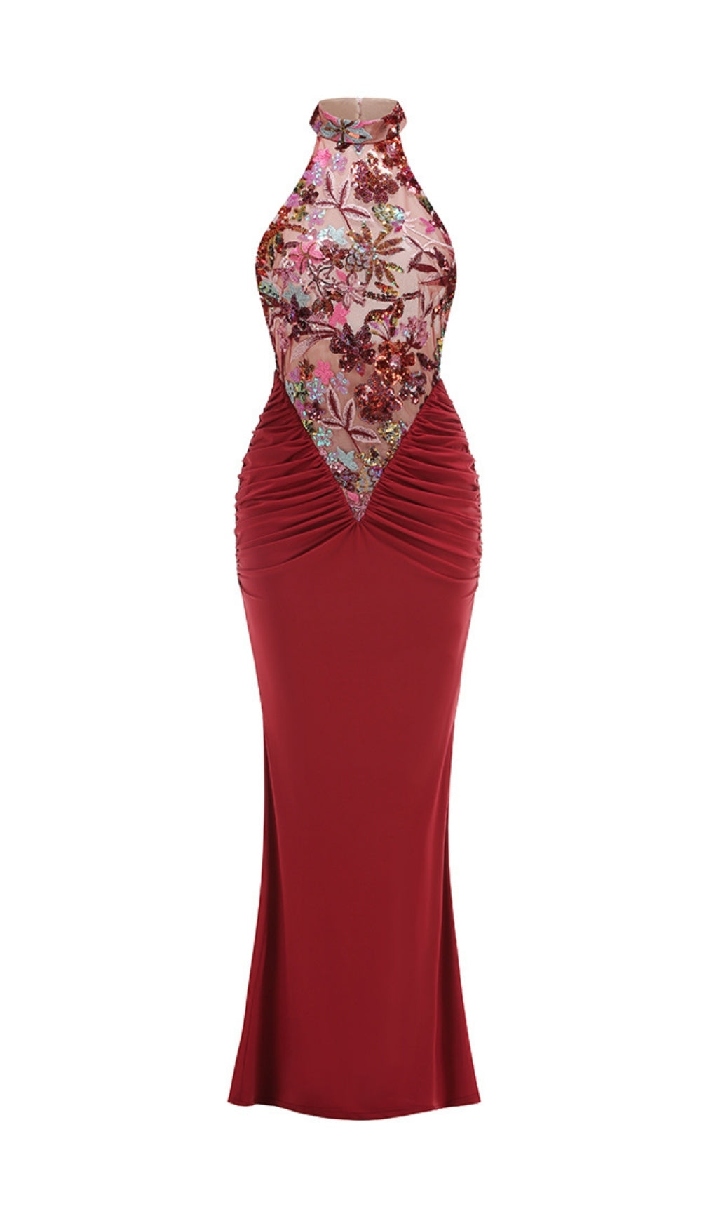 Dusha Elegant Wine Red Floral Embroidered Halter Ruched Maxi Dress