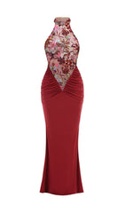 Dusha Elegant Wine Red Floral Embroidered Halter Ruched Maxi Dress