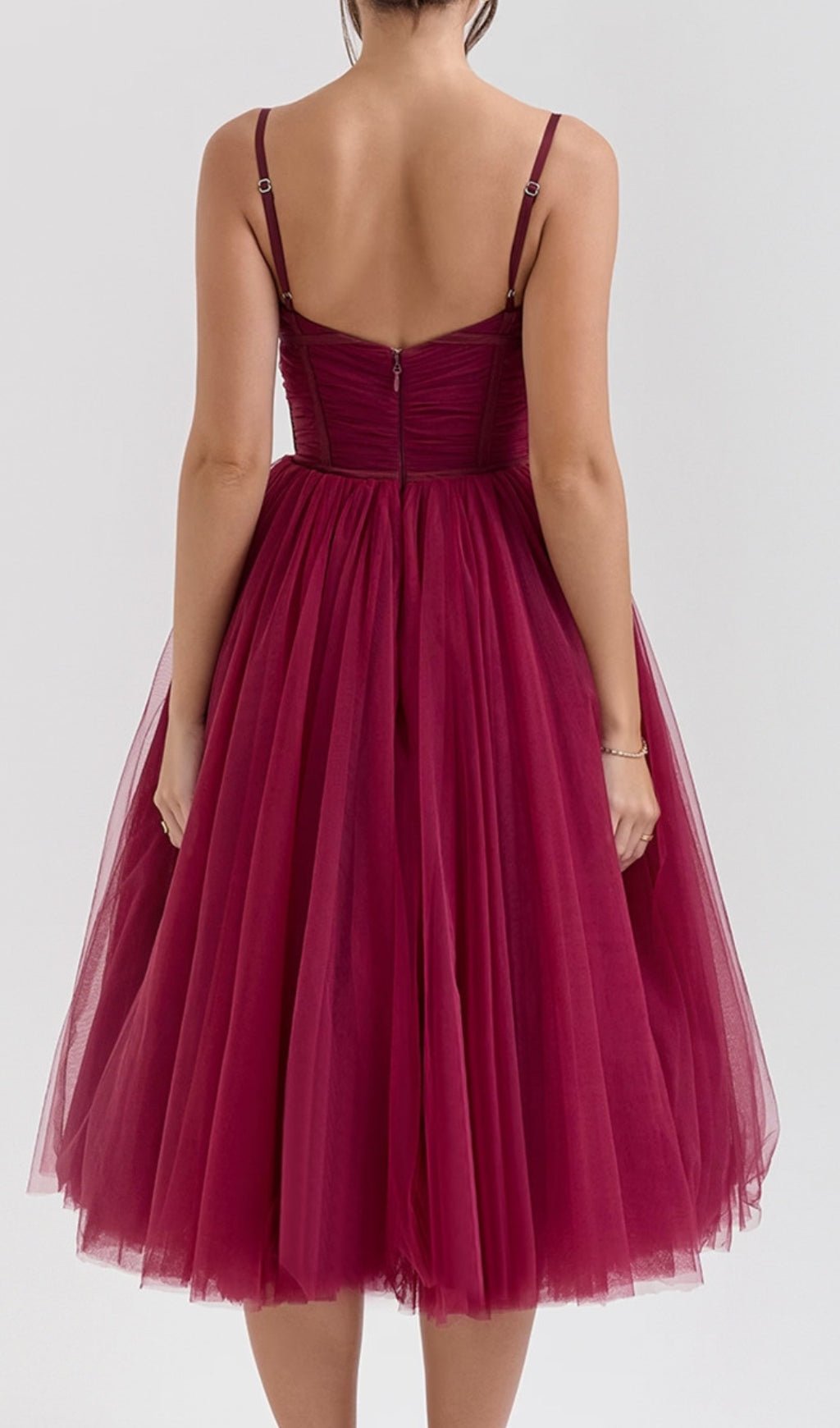 Diellza Wine Red Tulle Midi Dress