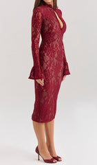 Elegant Red Lace Long Sleeve Midi Dress