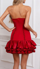 Diya Red Strapless Ruffled Satin Mini Dress