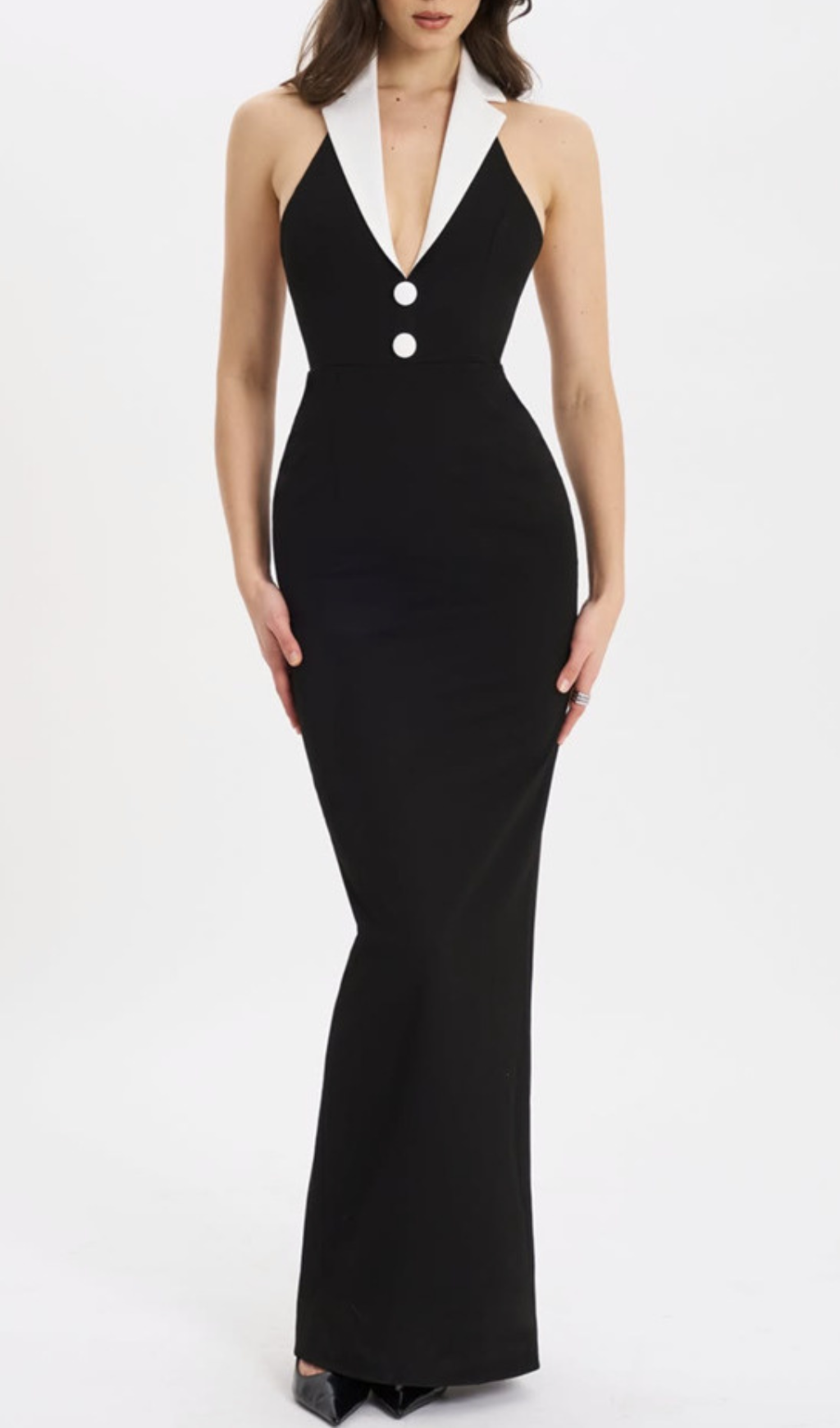 Gaetane Black Halter Maxi Dress with White Collar