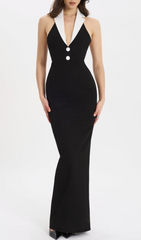 Gaetane Black Halter Maxi Dress with White Collar