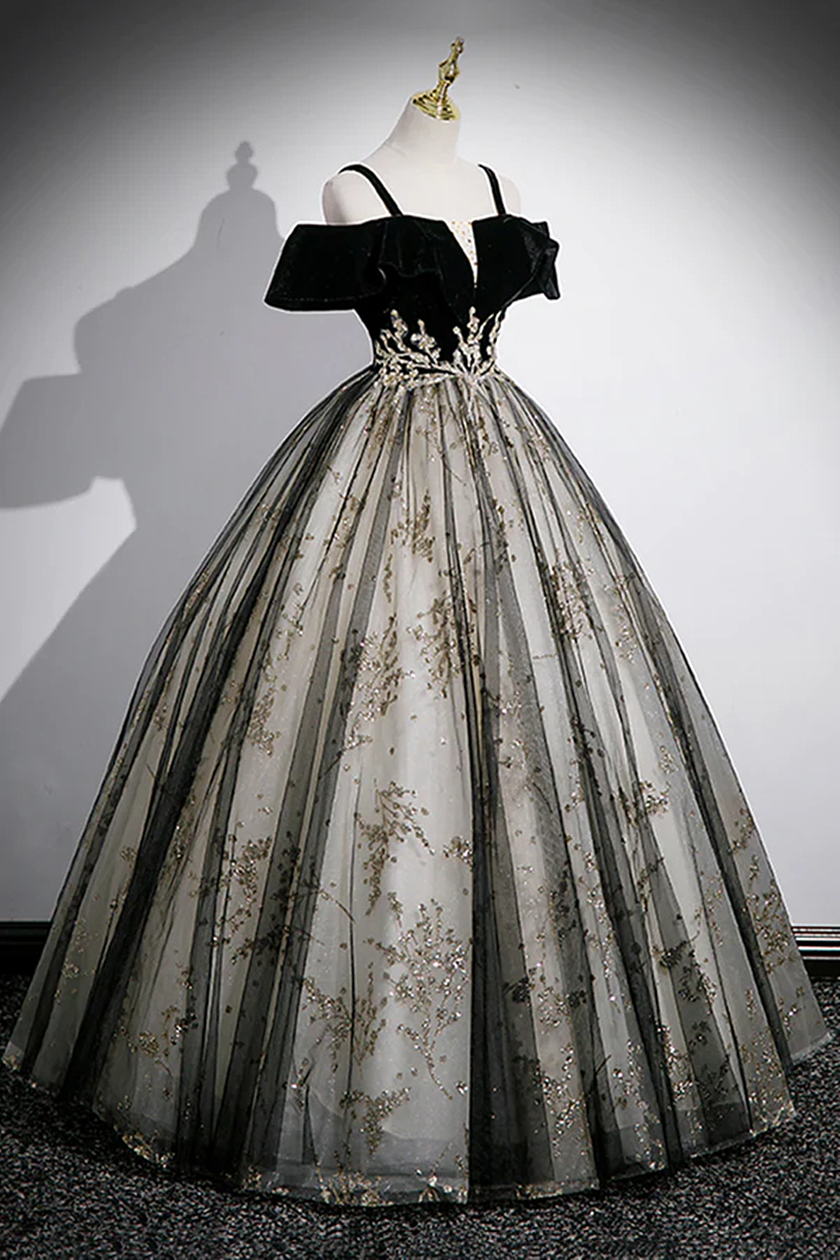 Black Off Shoulder Tulle with Lace Long Formal Dress