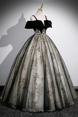 Black Off Shoulder Tulle with Lace Long Formal Dress