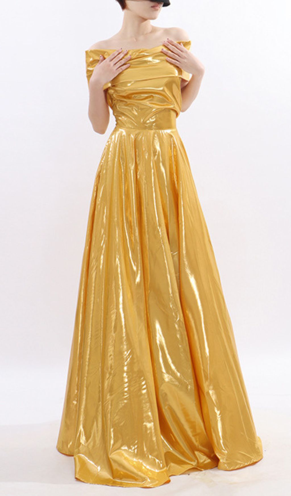 Kaliska Luminous Gold Off-Shoulder Maxi Gown