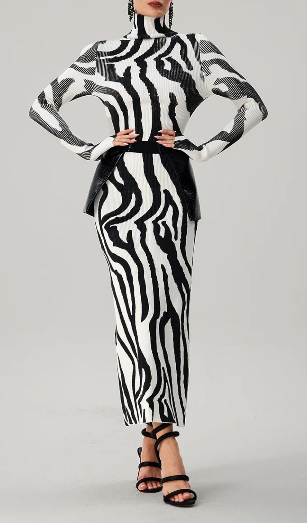 Farrux Zebra Print High-Neck Bodycon Maxi Dress