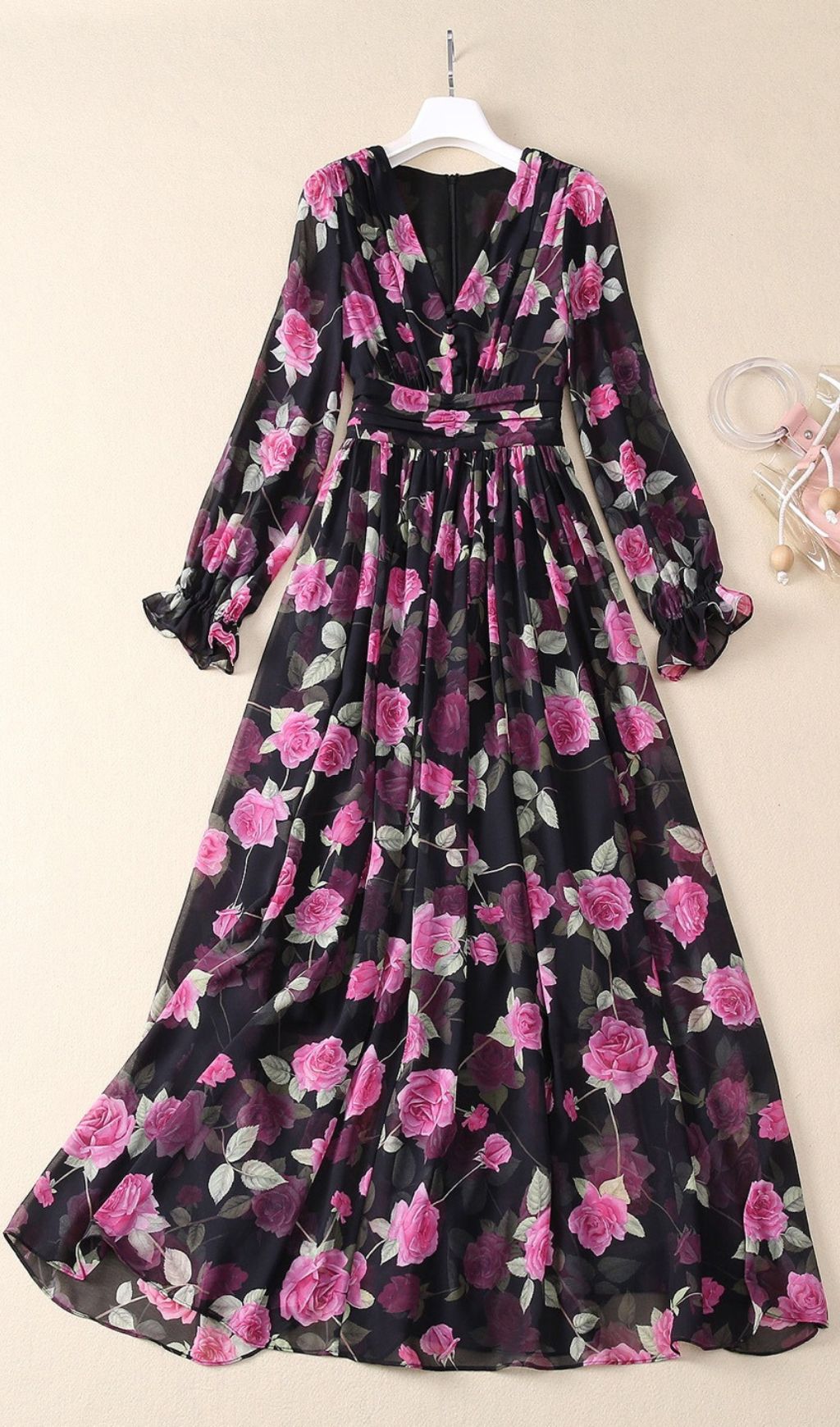 Romantic Pink Rose Floral Long Sleeve Maxi Dress
