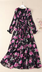 Romantic Pink Rose Floral Long Sleeve Maxi Dress
