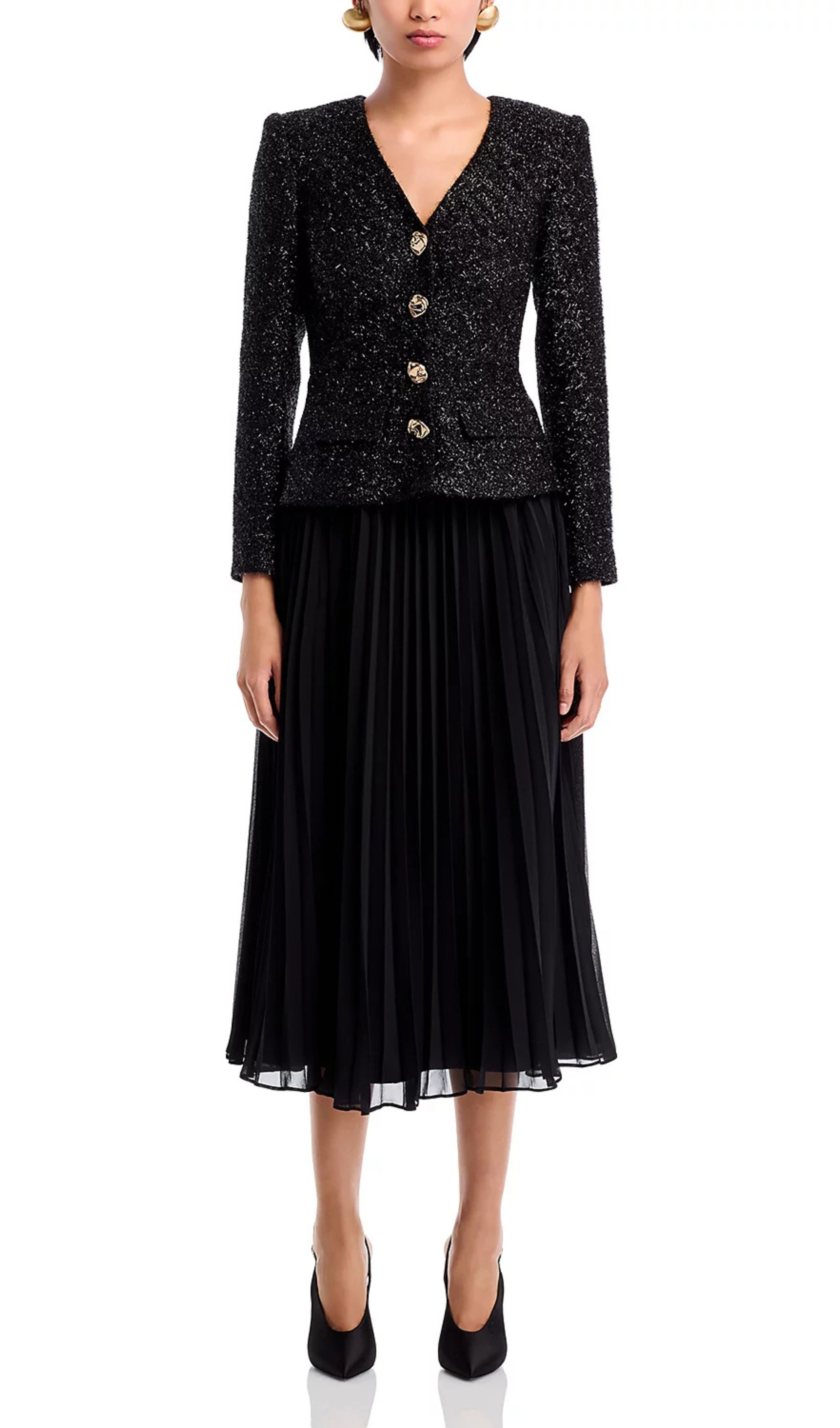 Shimmering Tinsel Boucl & Pleated Midi Dress