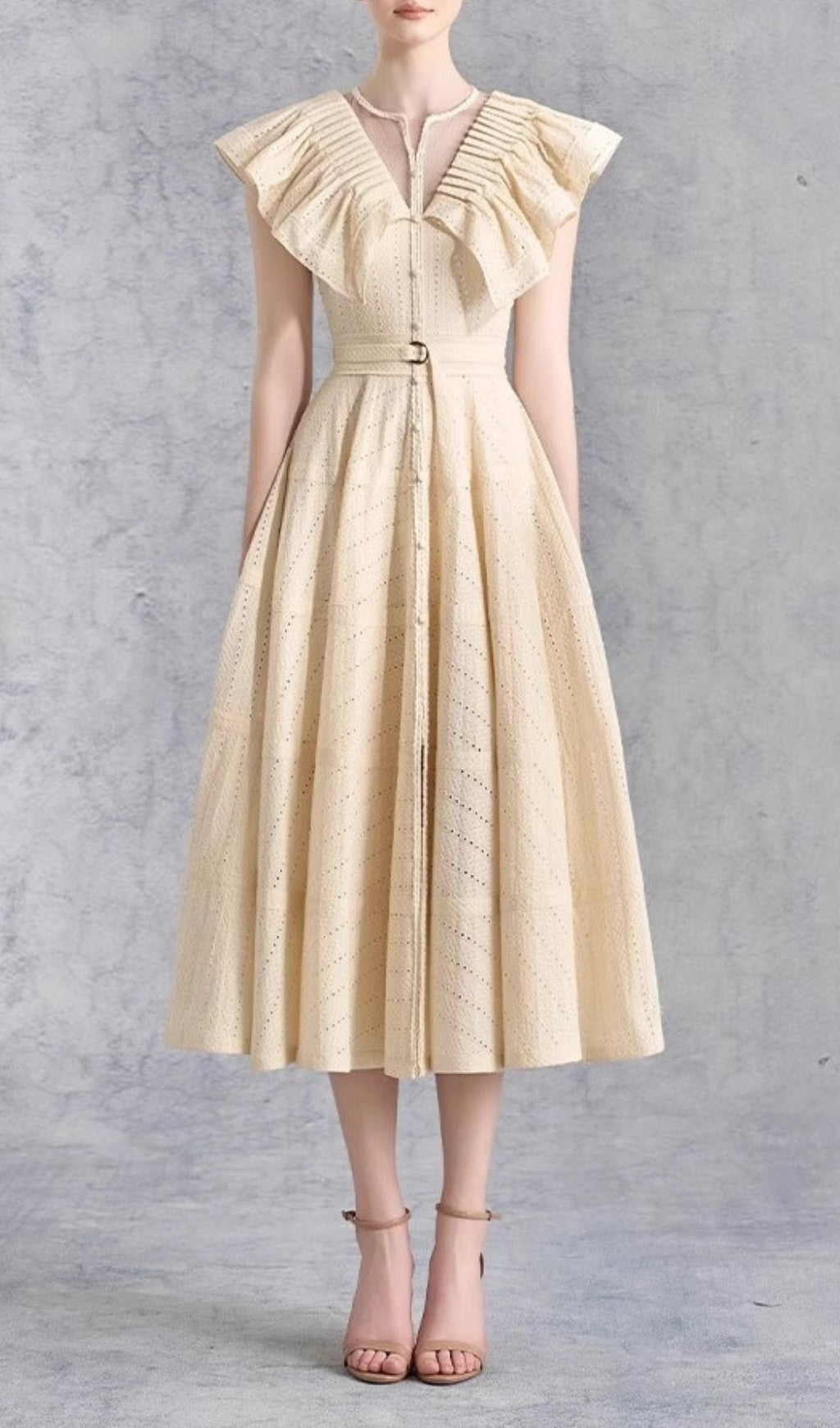 Doris Chic Pleated Eyelet Midi Dress