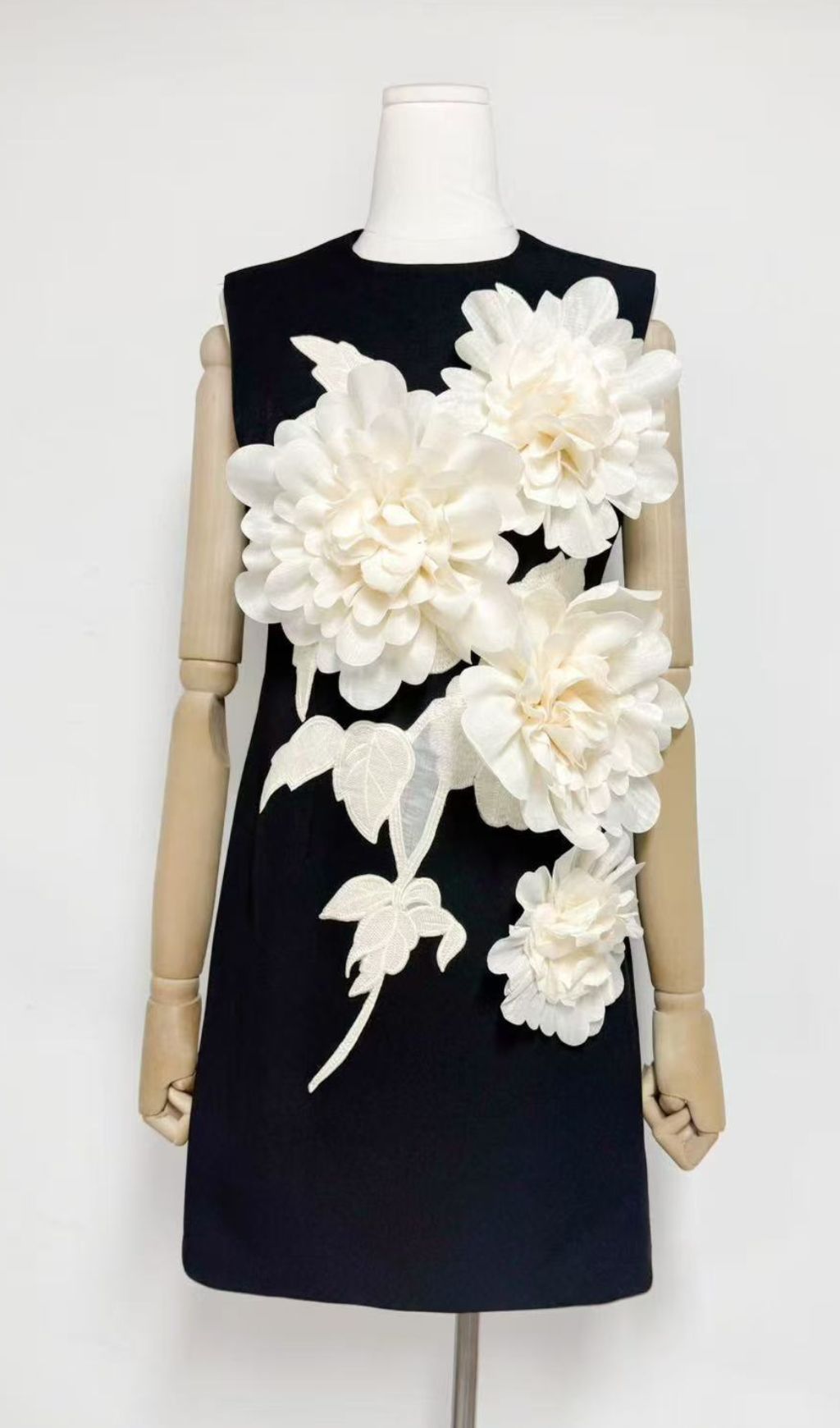 Jocasta Elegant Black Mini Dress with 3D Floral Appliqu