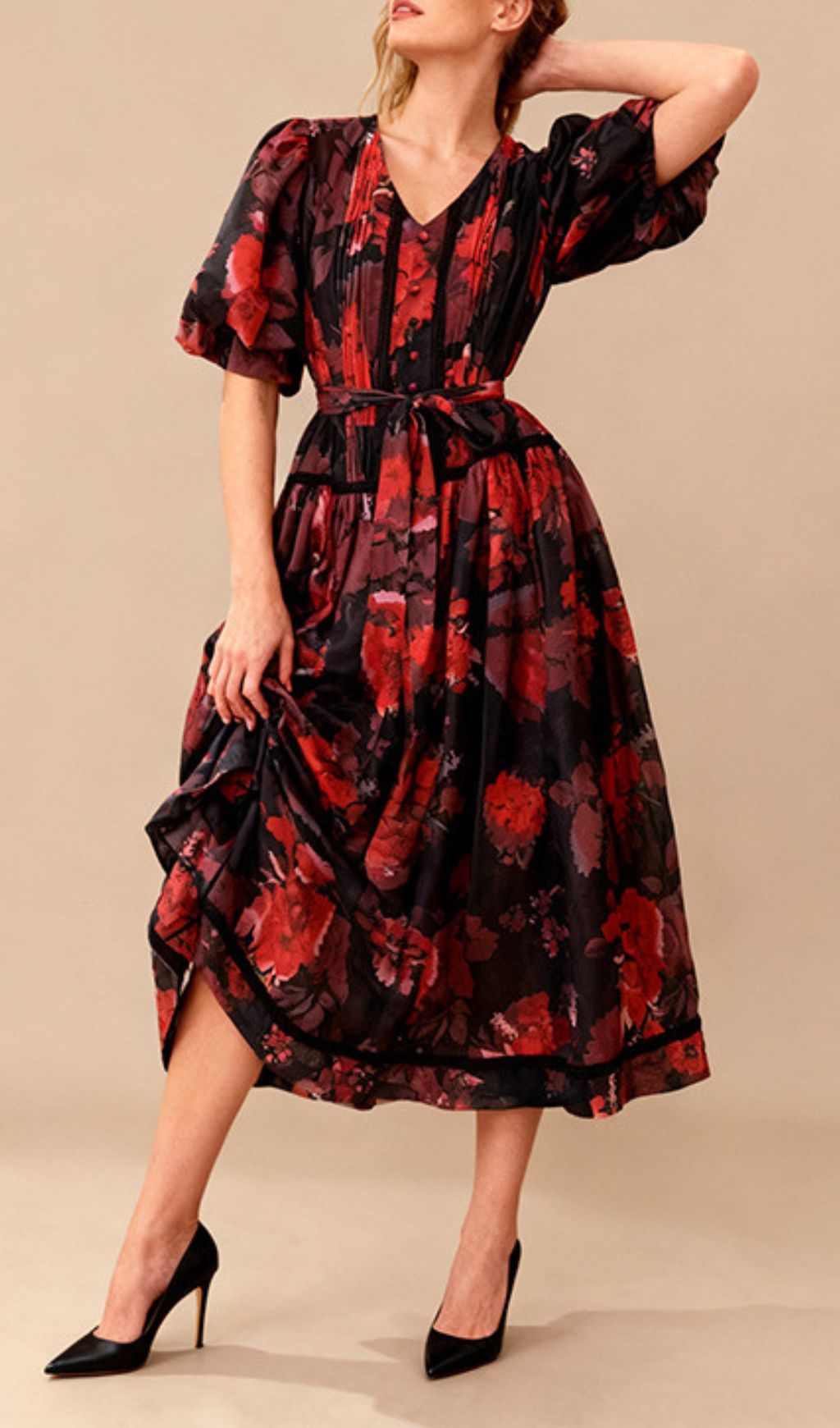 Indah Vibrant Floral Puff-Sleeve Midi Dress