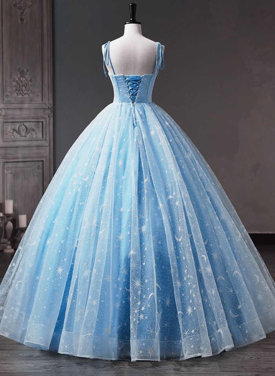 Blue Straps Tulle Floral Long Prom Dress