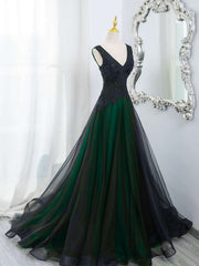 Elegante vestido de fiesta de tul con escote en V negro y verde