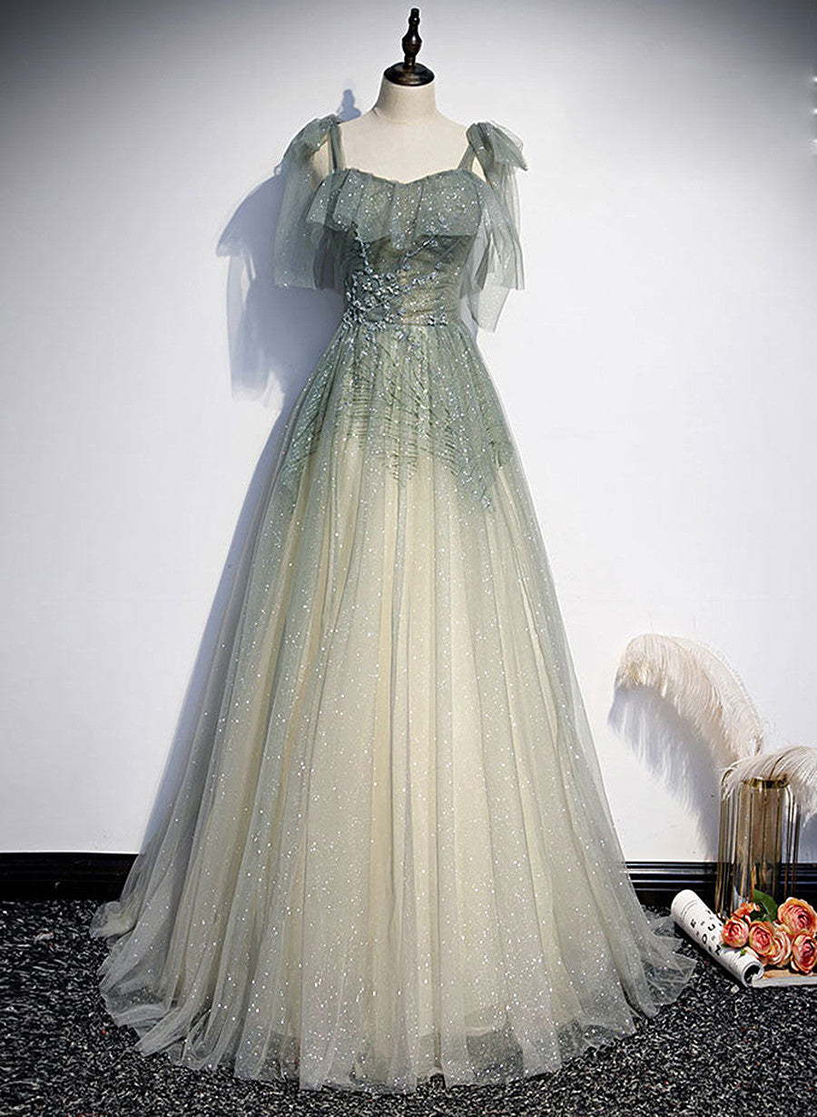 Vestido de fiesta largo con tirantes de tul verde, corte A y cuentas 