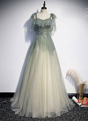 Vestido de fiesta largo con tirantes de tul verde, corte A y cuentas 