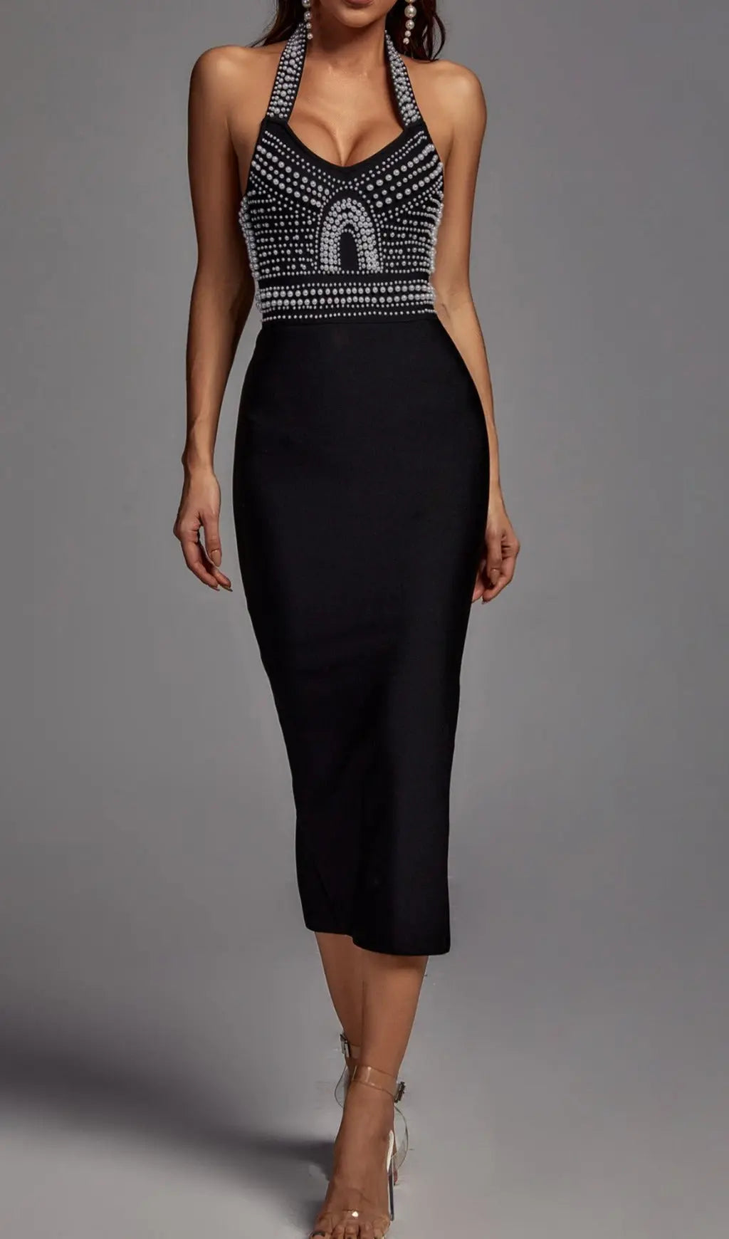 Glam Pearl Embellished Black Halter Bandage Midi Dress