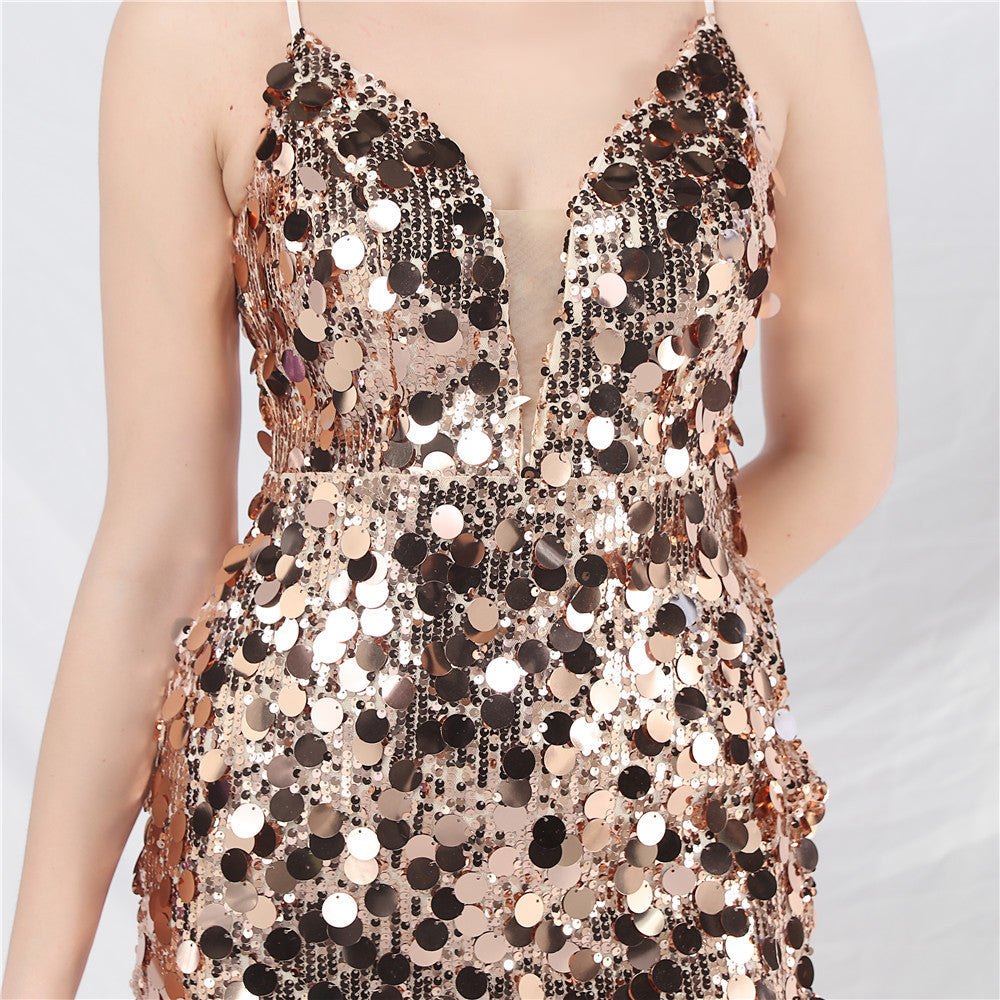 Chole Champagne Gold Sequin Strappy Maxi Gown