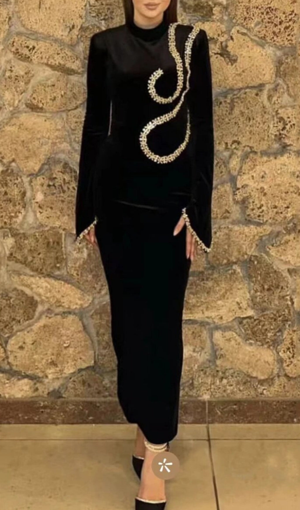 Bronagh Black Velvet Crystal Embellished Long Sleeve Midi Evening Dress