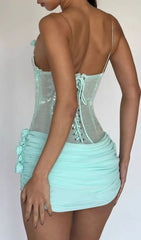 Sparkling Aqua Sequin Bodycon Mini Dress with Rose Details