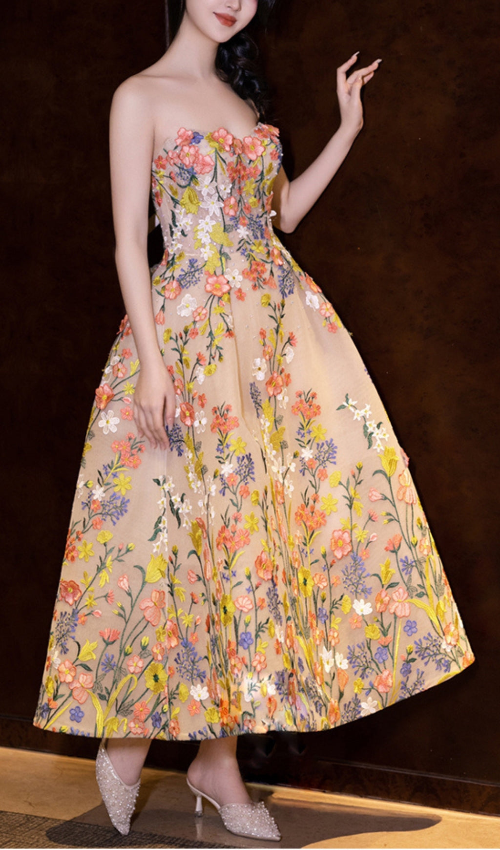Enchanted Garden Strapless Floral Embroidered Tea Length Midi Dress