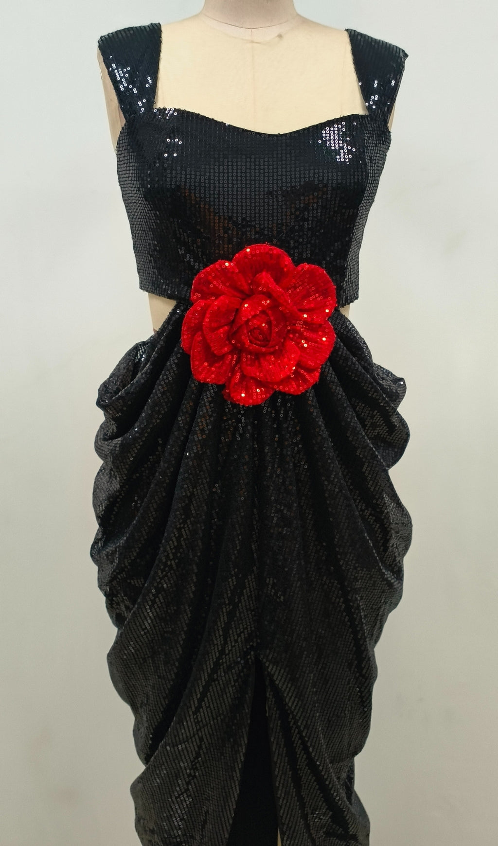 Glamorous Black Sequin Crop Top Maxi Dress with 3D Red Rose & High Slit