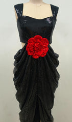 Glamorous Black Sequin Crop Top Maxi Dress with 3D Red Rose & High Slit