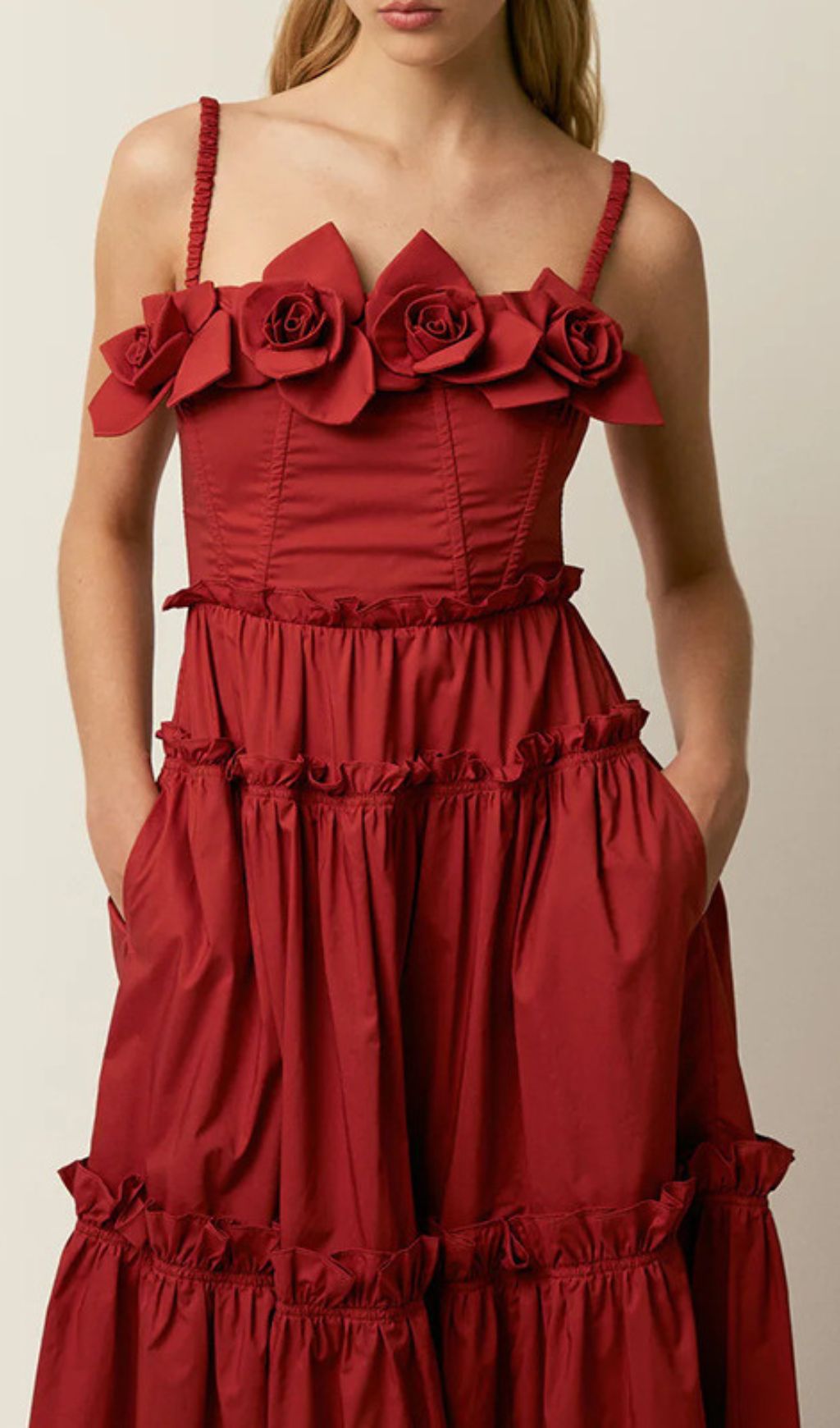 Higgins Vibrant Red Tiered Midi Dress with 3D Floral Bust Appliqus