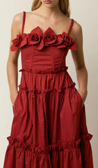 Higgins Vibrant Red Tiered Midi Dress with 3D Floral Bust Appliqus